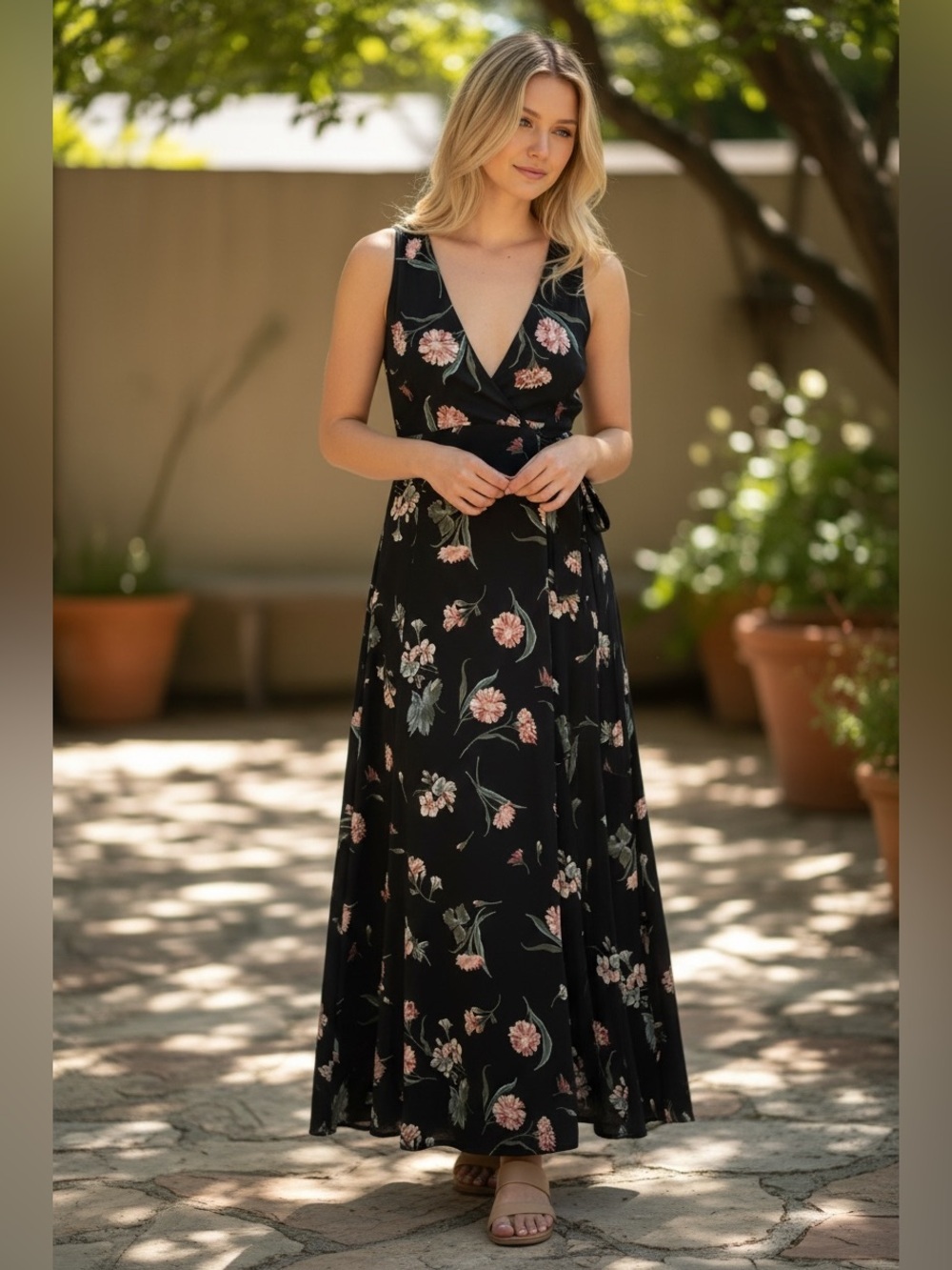 Reformation V-Neck Black Floral Wrap Maxi Dress XS Women’s